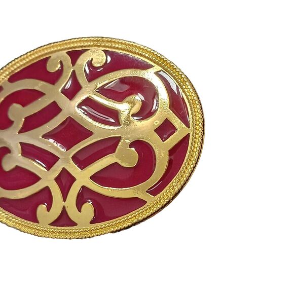 Vntg Celtic Brooch 3" RED Coat Pin Oval Metal Enamel Milgrain Accent Gold Estate - Picture 12 of 16